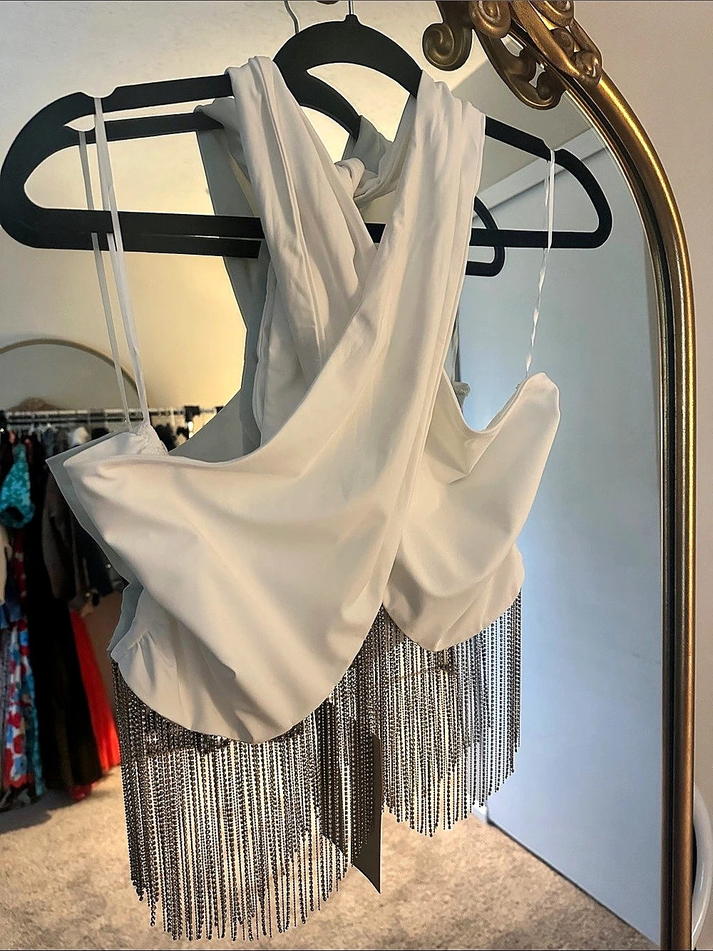 Aqua Fringe Tank Top in White & Silver Large NWT